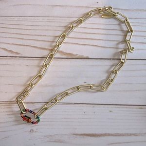 Plunder Annie gold tone link necklace with multicolor carabiner